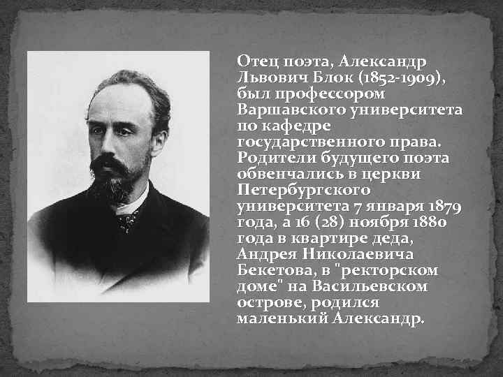 Отец поэта, Александр Львович Блок (1852 -1909), был профессором Варшавского университета по кафедре государственного