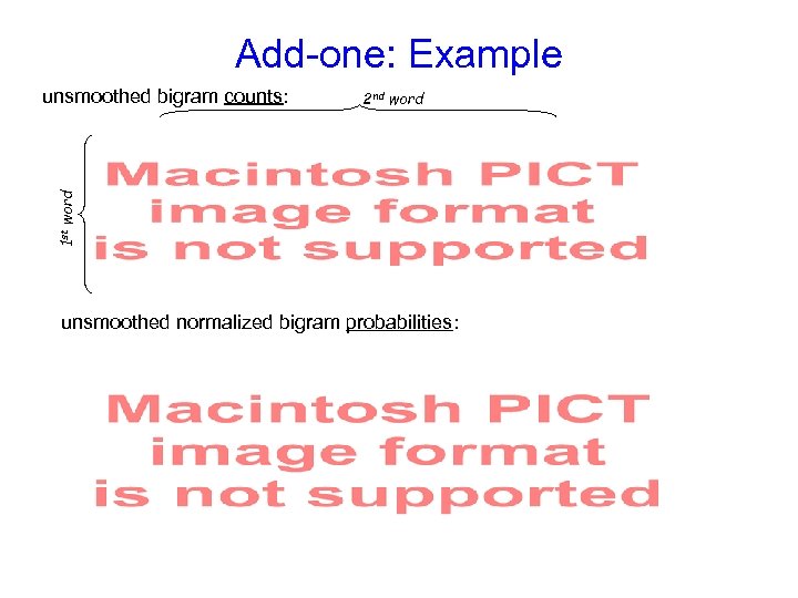 Add-one: Example 2 nd word 1 st word unsmoothed bigram counts: unsmoothed normalized bigram