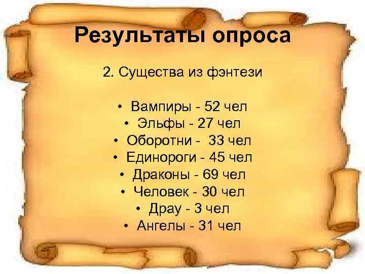 Результаты опроса 2. Существа из фэнтези • Вампиры - 52 чел • Эльфы -