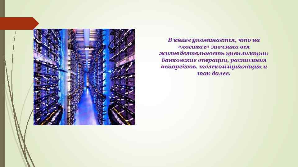 В книге упоминается, что на «логиках» завязана вся жизнедеятельность цивилизации: банковские операции, расписания авиарейсов,