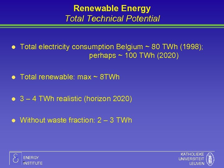 Renewable Energy Total Technical Potential l Total electricity consumption Belgium ~ 80 TWh (1998);