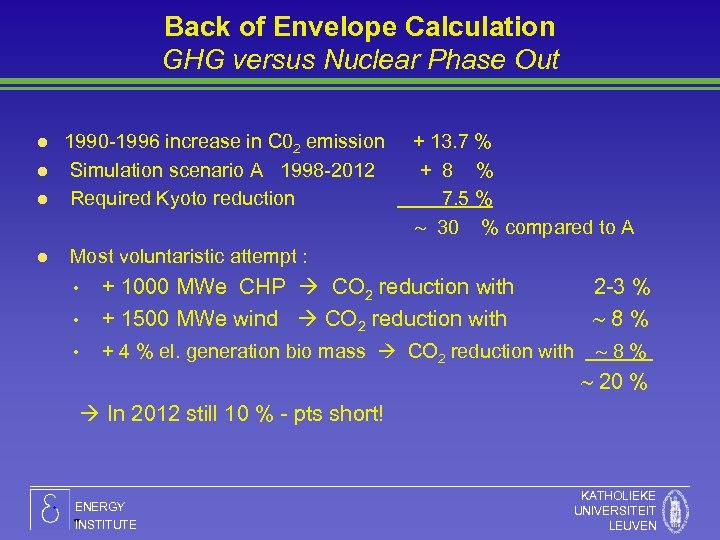 Back of Envelope Calculation GHG versus Nuclear Phase Out l l 1990 -1996 increase