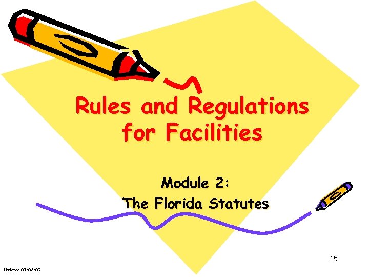 Rules and Regulations for Facilities Module 2: The Florida Statutes 15 Updated 03/02/09 