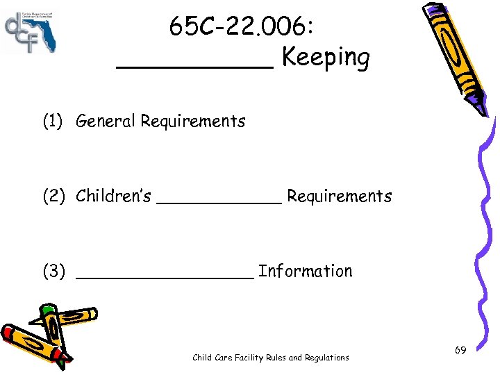 65 C-22. 006: _____ Keeping (1) General Requirements (2) Children’s ______ Requirements (3) _________