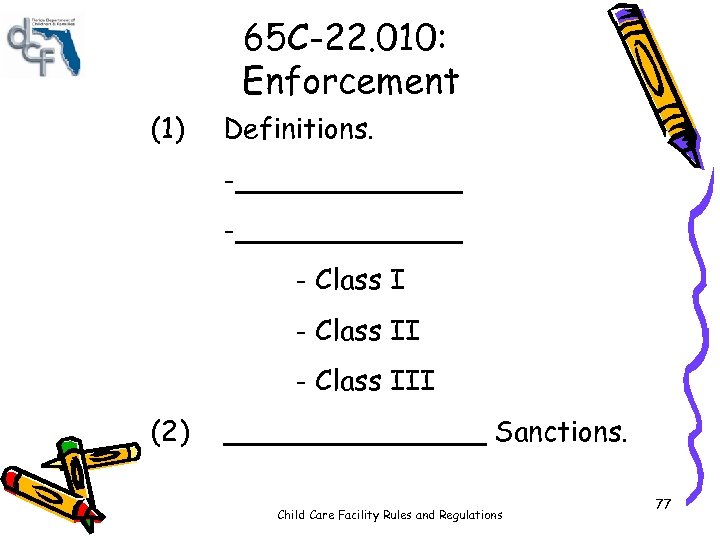 65 C-22. 010: Enforcement (1) Definitions. -_____________ - Class III (2) ________ Sanctions. Child