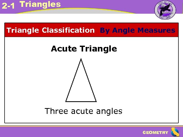 2 -1 Triangles Triangle Classification By Angle Measures Acute Triangle Three acute angles GEOMETRY