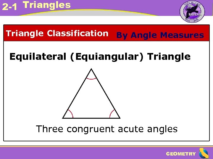 2 -1 Triangles Triangle Classification By Angle Measures Equilateral (Equiangular) Triangle Three congruent acute