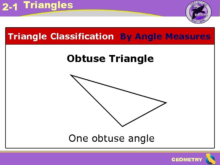2 -1 Triangles Triangle Classification By Angle Measures Obtuse Triangle One obtuse angle GEOMETRY