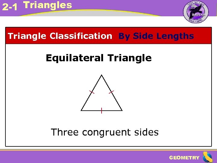 2 -1 Triangles Triangle Classification By Side Lengths Equilateral Triangle Three congruent sides GEOMETRY