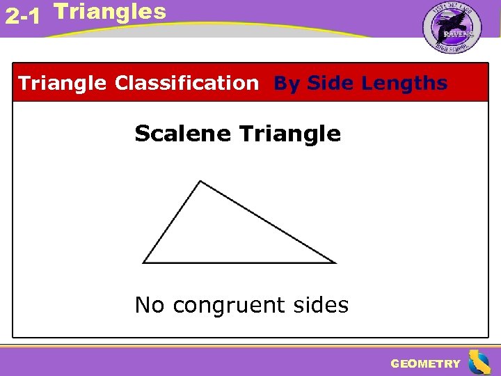 2 -1 Triangles Triangle Classification By Side Lengths Scalene Triangle No congruent sides GEOMETRY