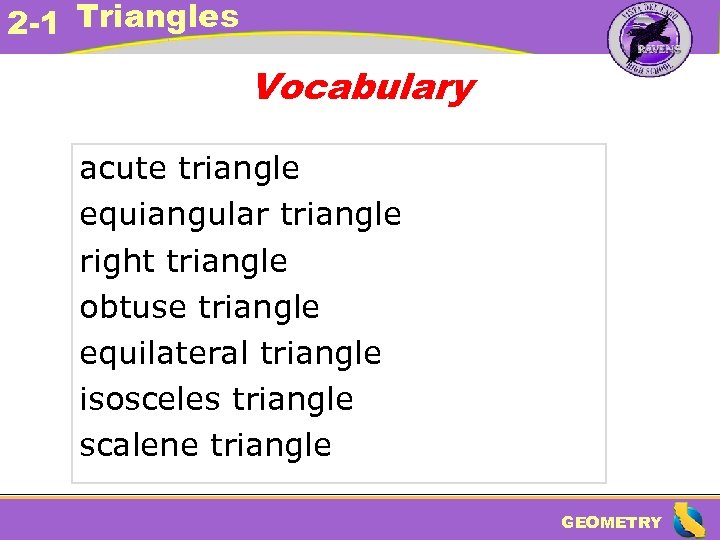 2 -1 Triangles Vocabulary acute triangle equiangular triangle right triangle obtuse triangle equilateral triangle