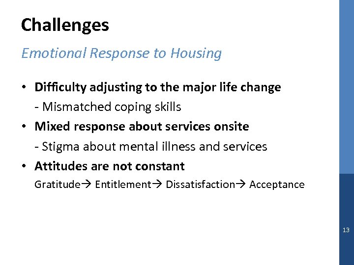 Challenges Emotional Response to Housing • Difficulty adjusting to the major life change -