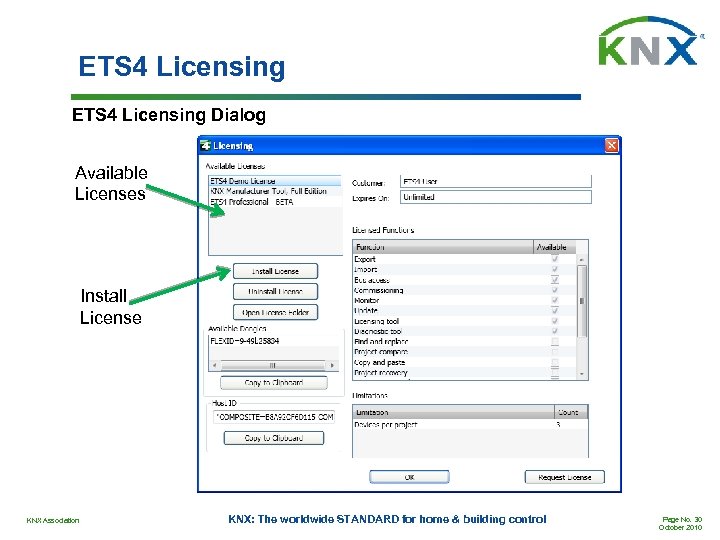 ETS 4 Licensing Dialog Available Licenses Install License KNX Association KNX: The worldwide STANDARD