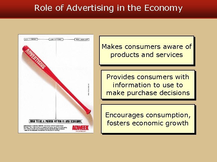 Role of Advertising in the Economy Makes consumers aware of products and services Provides