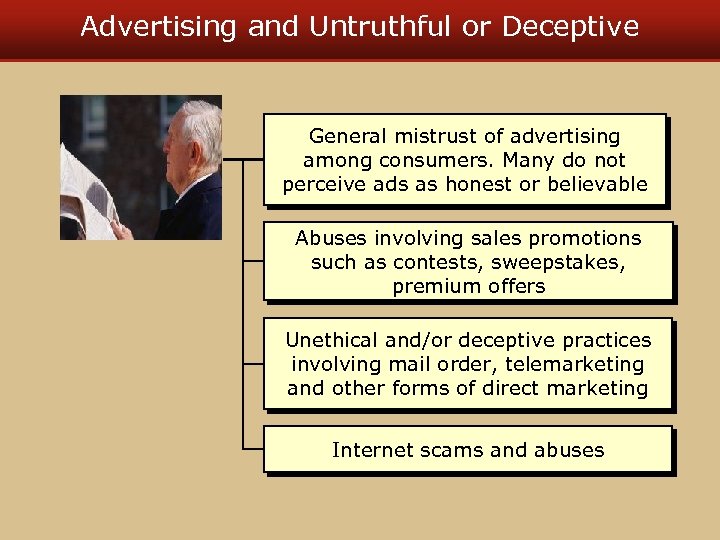 Advertising and Untruthful or Deceptive General mistrust of advertising among consumers. Many do not