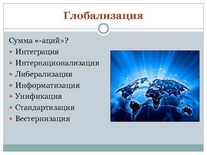 Глобализация Сумма «-аций» ? Интеграция Интернационализация Либерализация Информатизация Унификация Стандартизация Вестернизация 