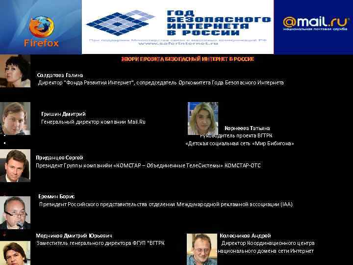  • ЖЮРИ ПРОЭКТА БЕЗОПАСНЫЙ ИНТЕРНЕТ В РОССИЕ • Солдатова Галина Директор "Фонда Развития