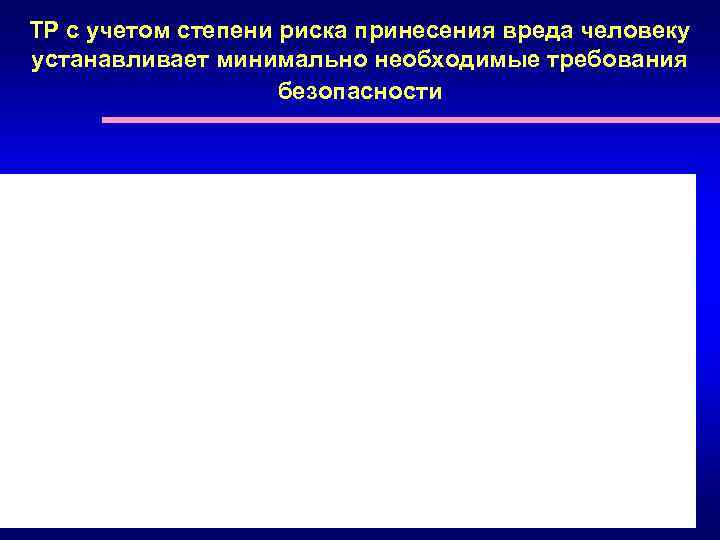 ТР с учетом степени риска принесения вреда человеку устанавливает минимально необходимые требования безопасности 