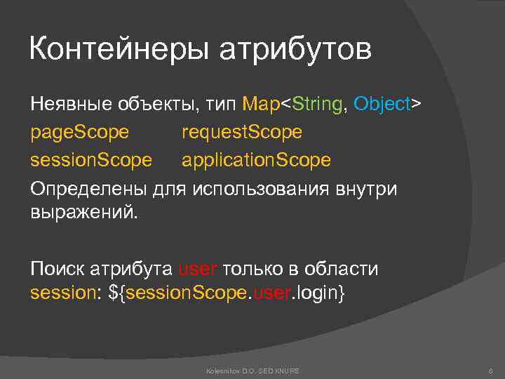 Контейнеры атрибутов Неявные объекты, тип Map<String, Object> page. Scope request. Scope session. Scope application.