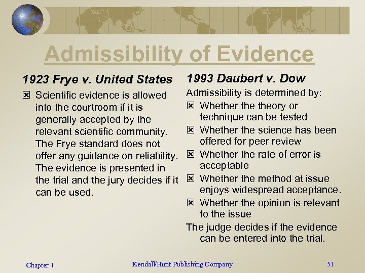 Admissibility of Evidence 1923 Frye v. United States 1993 Daubert v. Dow ý Scientific