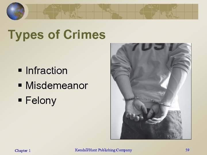 Types of Crimes § Infraction § Misdemeanor § Felony Chapter 1 Kendall/Hunt Publishing Company