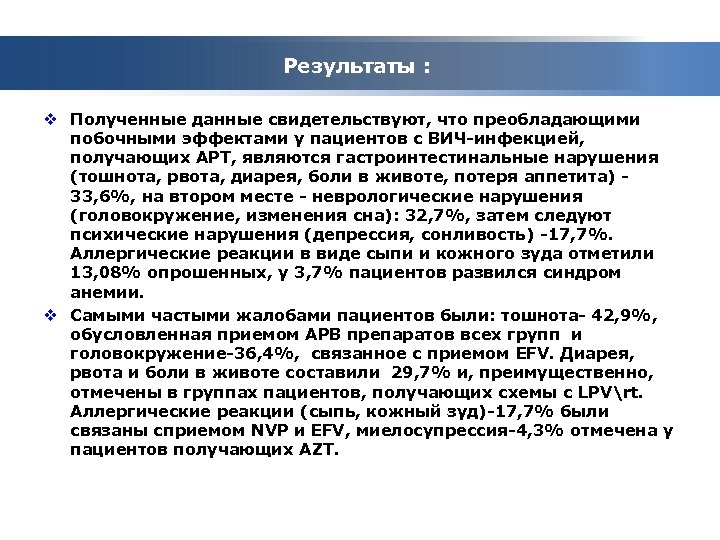 Результаты : v Полученные данные свидетельствуют, что преобладающими побочными эффектами у пациентов с ВИЧ-инфекцией,