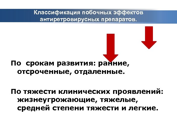 Классификация побочных эффектов антиретровирусных препаратов. По срокам развития: ранние, отсроченные, отдаленные. По тяжести клинических