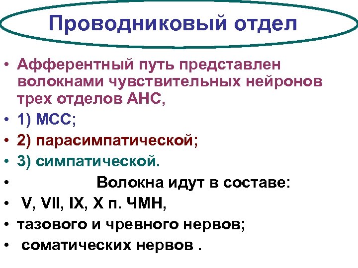 Проводниковый отдел • Афферентный путь представлен волокнами чувствительных нейронов трех отделов АНС, • 1)