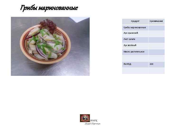 Грибы маринованные продукт примечание Грибы маринованные Лук крымский Лист салата Лук зелёный Масло растительное