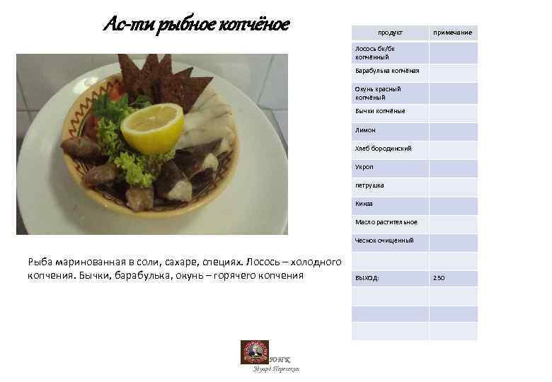 Ас-ти рыбное копчёное продукт примечание Лосось бк/бк копчённый Барабулька копчёная Окунь красный копчёный Бычки