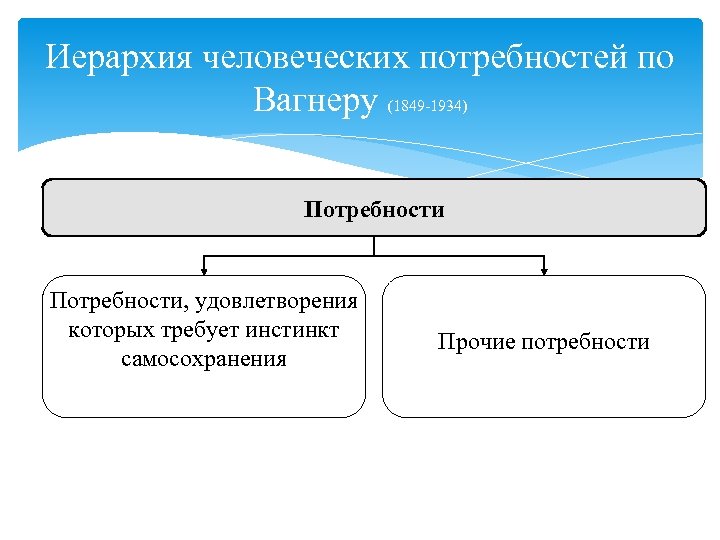 Иерархия человеческих потребностей по Вагнеру (1849 -1934) Потребности, удовлетворения которых требует инстинкт самосохранения Прочие