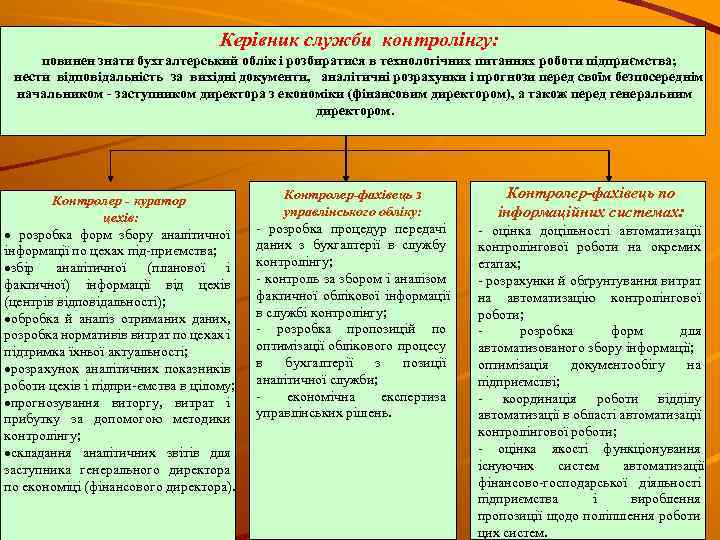 Керівник служби контролінгу: повинен знати бухгалтерський облік і розбиратися в технологічних питаннях роботи підприємства;