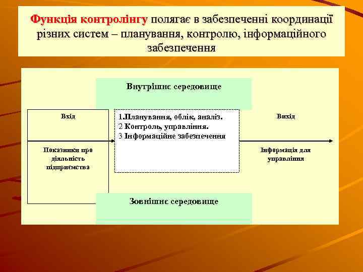 Функція контролінгу полягає в забезпеченні координації різних систем – планування, контролю, інформаційного забезпечення Внутрішнє