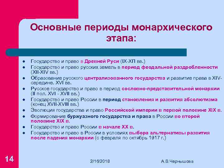 Основные периоды монархического этапа: l l l l l 14 Государство и право в