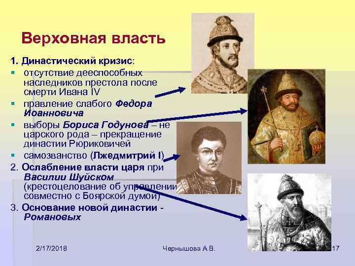 Верховная власть 1. Династический кризис: § отсутствие дееспособных наследников престола после смерти Ивана IV