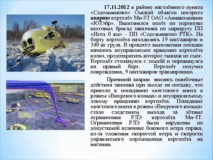  17. 11. 2012 в районе населённого пункта «Седельниково» Омской области потерпел аварию вертолёт