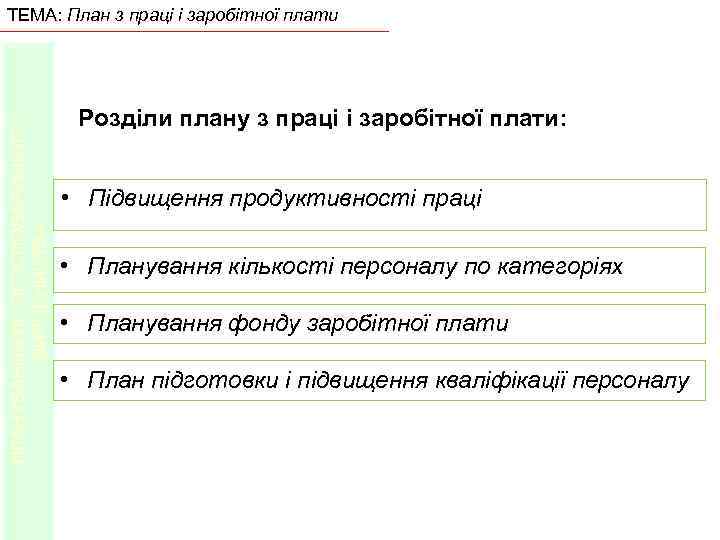 ПЛАНУВАННЯ ЛІСОГОСПОДАРСЬКОГО ВИРОБНИЦТВА ТЕМА: План з праці і заробітної плати Розділи плану з праці