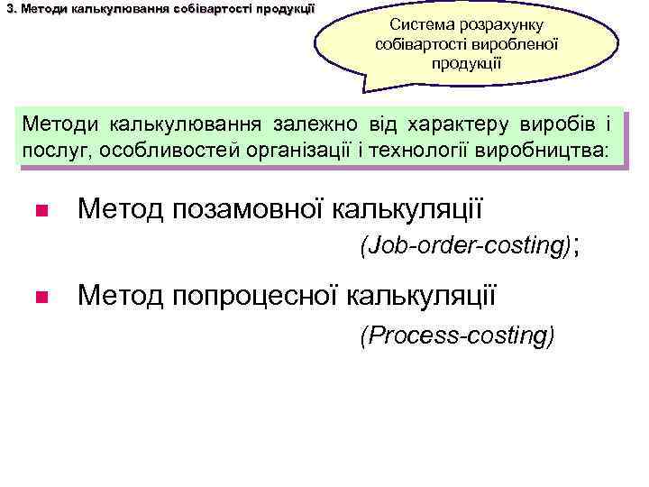 3. Методи калькулювання собівартості продукції Система розрахунку собівартості виробленої продукції Методи калькулювання залежно від