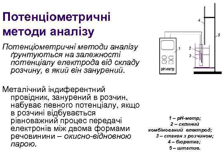 Потенціометричні методи аналізу ґрунтуються на залежності потенціалу електрода від складу розчину, в який він