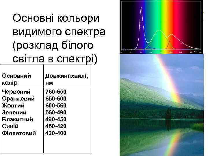 Основні кольори видимого спектра (розклад білого світла в спектрі) Основний колір Довжина вилі, х
