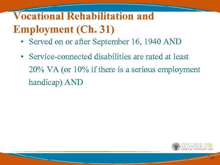 Vocational Rehabilitation and Employment (Ch. 31) • Served on or after September 16, 1940