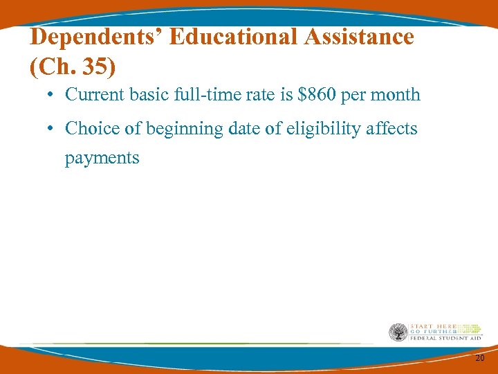 Dependents’ Educational Assistance (Ch. 35) • Current basic full-time rate is $860 per month