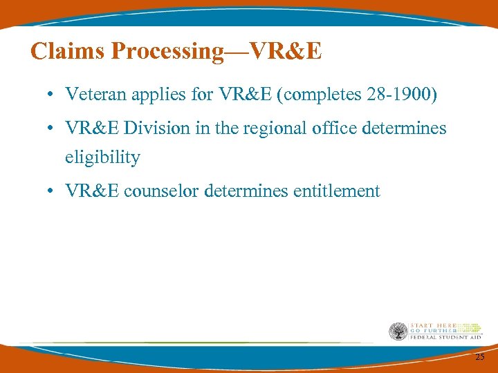 Claims Processing—VR&E • Veteran applies for VR&E (completes 28 -1900) • VR&E Division in
