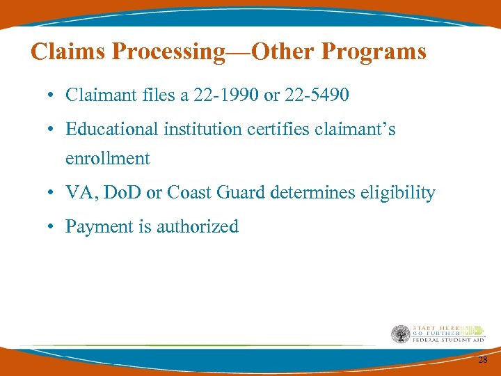 Claims Processing—Other Programs • Claimant files a 22 -1990 or 22 -5490 • Educational