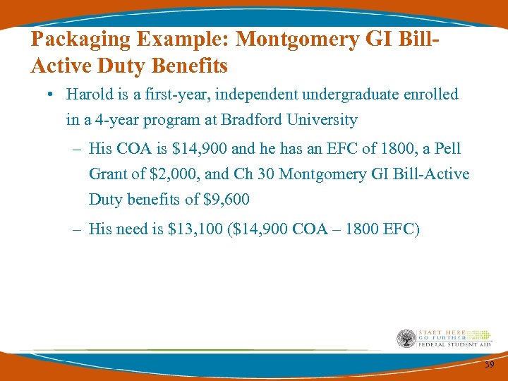 Packaging Example: Montgomery GI Bill. Active Duty Benefits • Harold is a first-year, independent