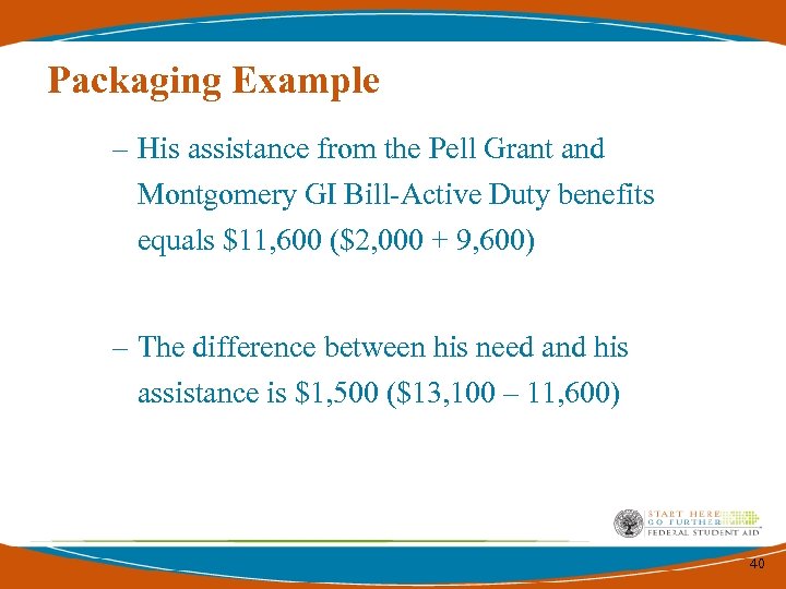 Packaging Example – His assistance from the Pell Grant and Montgomery GI Bill-Active Duty