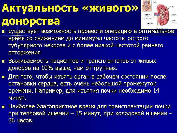 Актуальность «живого» донорства n n существует возможность провести операцию в оптимальное время со снижением