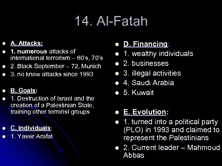 14. Al-Fatah l l A. Attacks: 1. numerous attacks of international terrorism – 60’s,