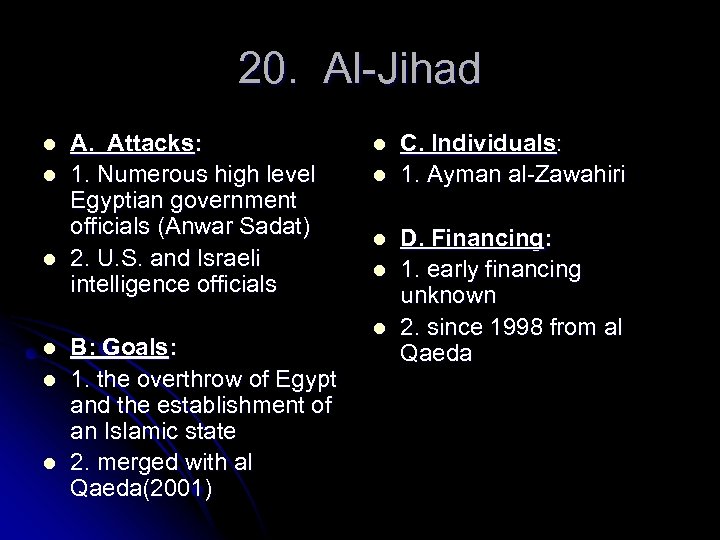 20. Al-Jihad l l l A. Attacks: 1. Numerous high level Egyptian government officials