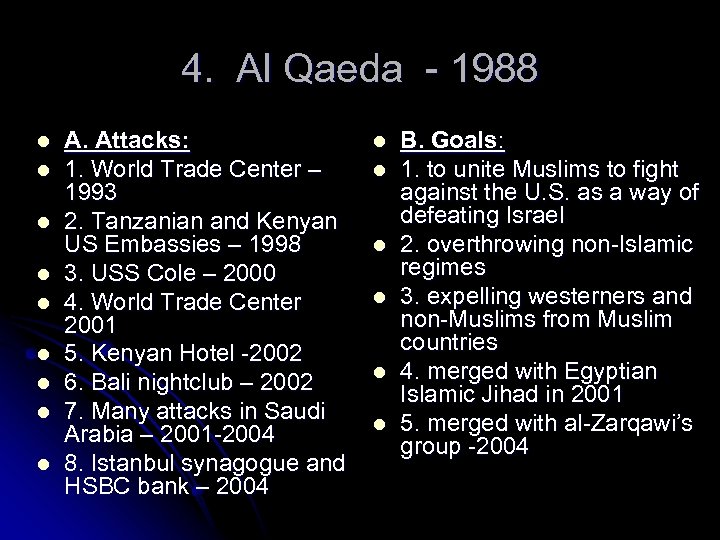 4. Al Qaeda - 1988 l l l l l A. Attacks: 1. World